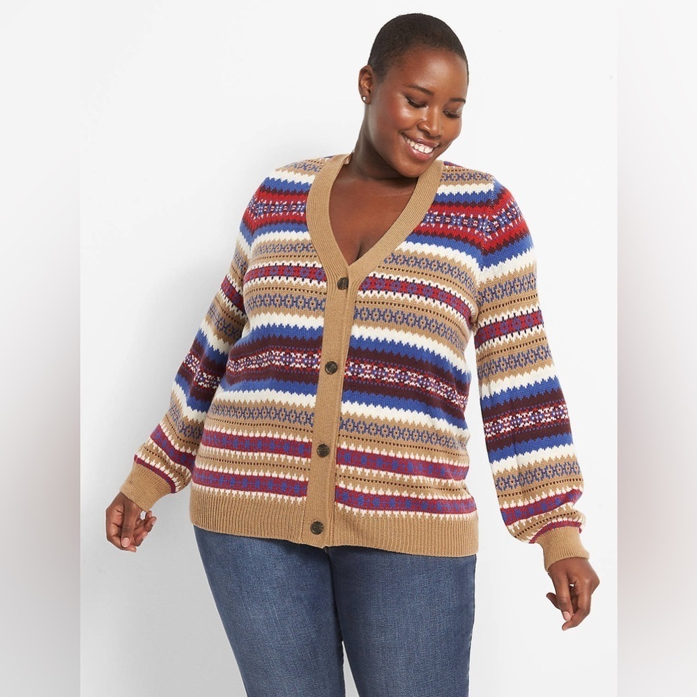 Lane Bryant Cardigan Sweater Womens Size 26 28 Button Front Tan Fair Isle New